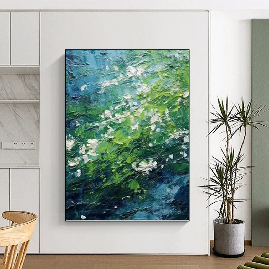 “Green - Blue Floral Impasto” - Impressionist - Inspired Nature Painting On Canvas PT1404