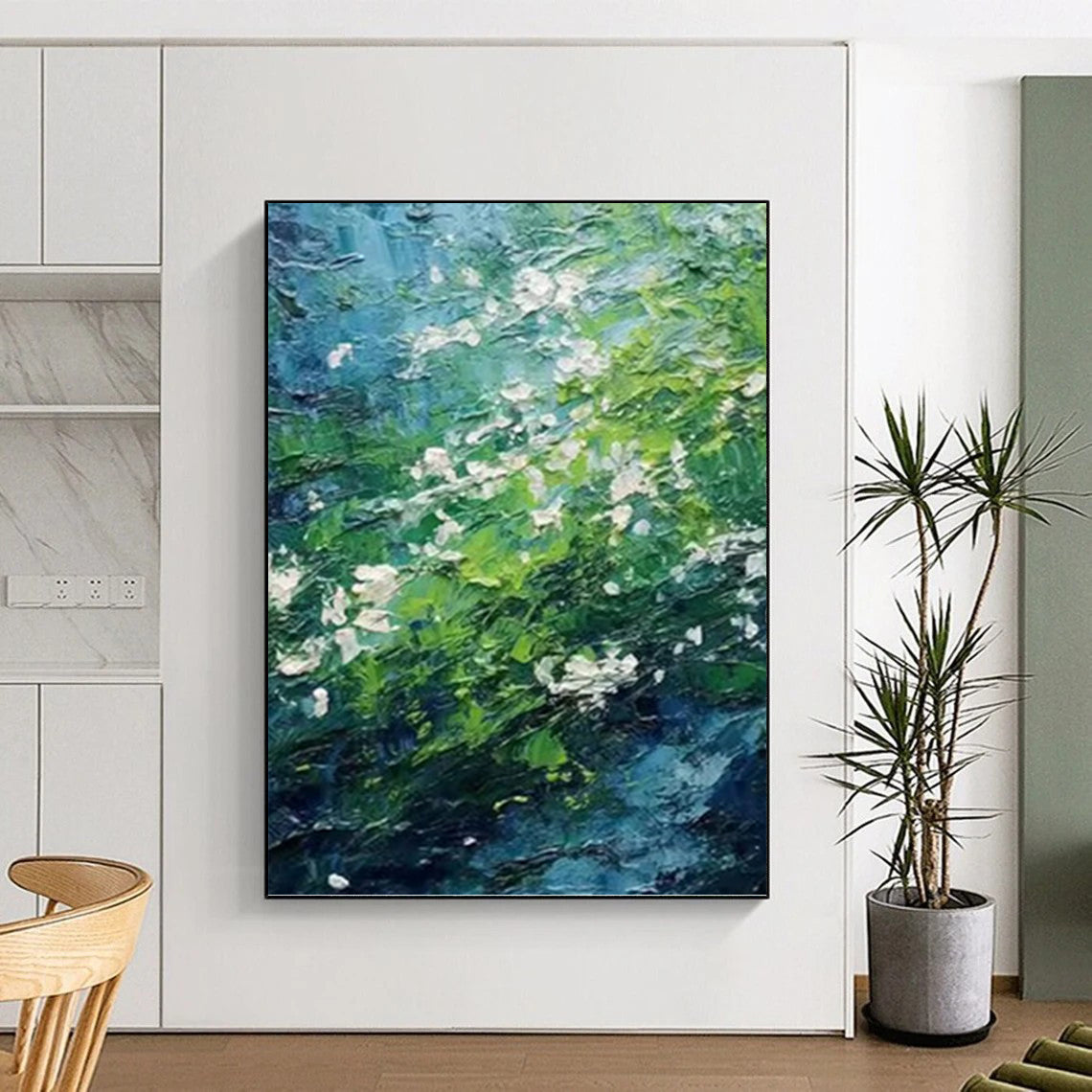 “Green - Blue Floral Impasto” - Impressionist - Inspired Nature Painting On Canvas PT1404
