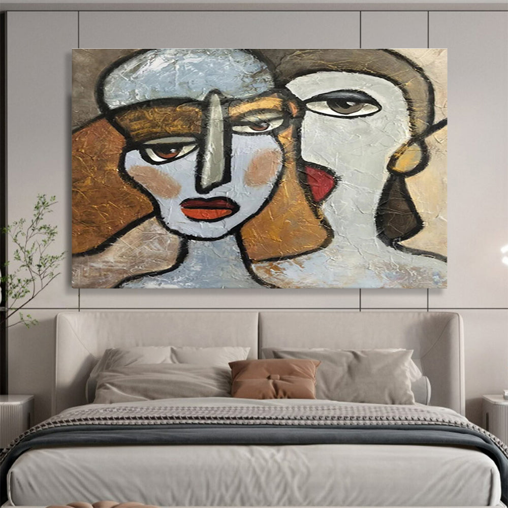 “Cubist - Style Dual Faces” - Abstract Portrait, Cubist - Inspired Figure Painting On Canvas DKS719