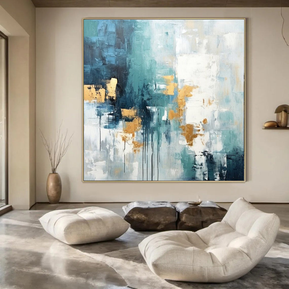 Teal, Gold, and White, "Aqua Gleam" – Abstract Expressionist Painting On Canvas PS1039