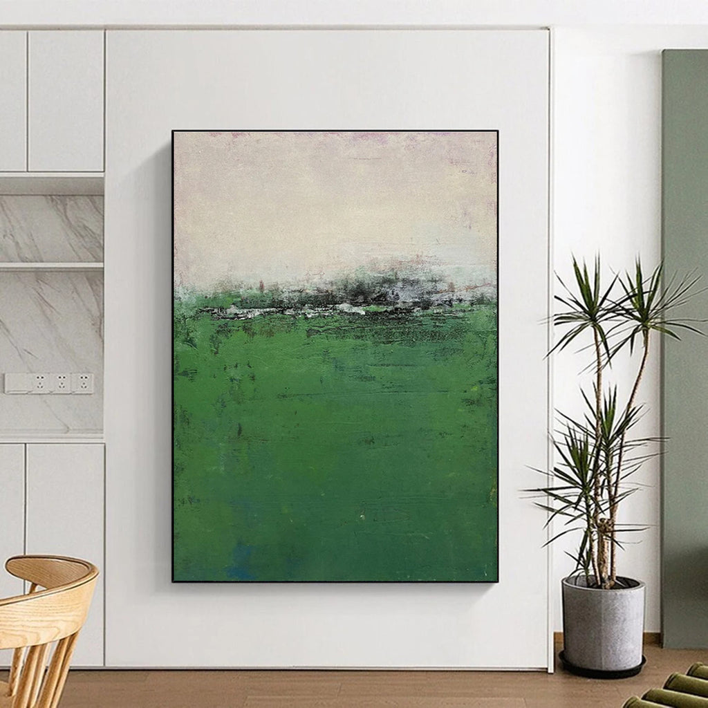 “Misty Green Field” - Green, Gray, Purple Abstract Landscape Painting On Canvas PS0645