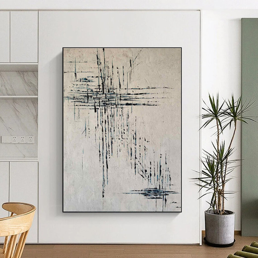 “Black - Blue Abstract Lines” - Black, Blue Abstract Painting On Canvas PS0454