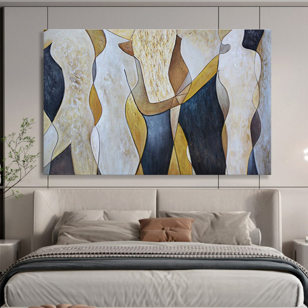 “Abstract Human Forms” - Beige, Black & Gold Figurative, Modern Oil Painting On Canvas DKS731
