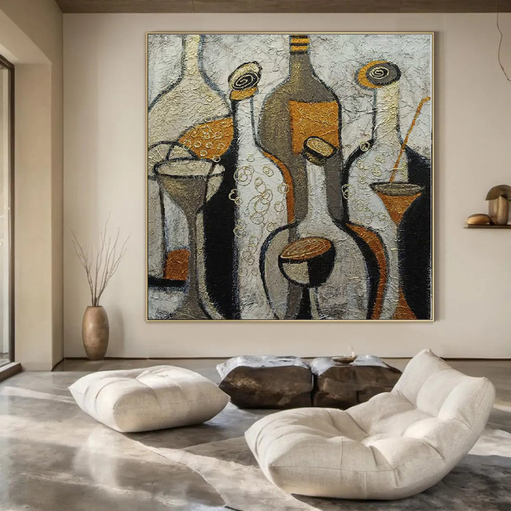 Beige, Gold, Black with Stylized Bottles "Vintage Soiree" Abstract Still - Life Painting On Canvas PS1193