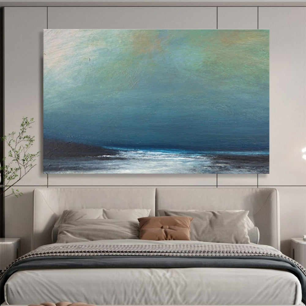 Muted Blue and Green Sky Over Dark Sea Seascape Painting On Canvas DKS107