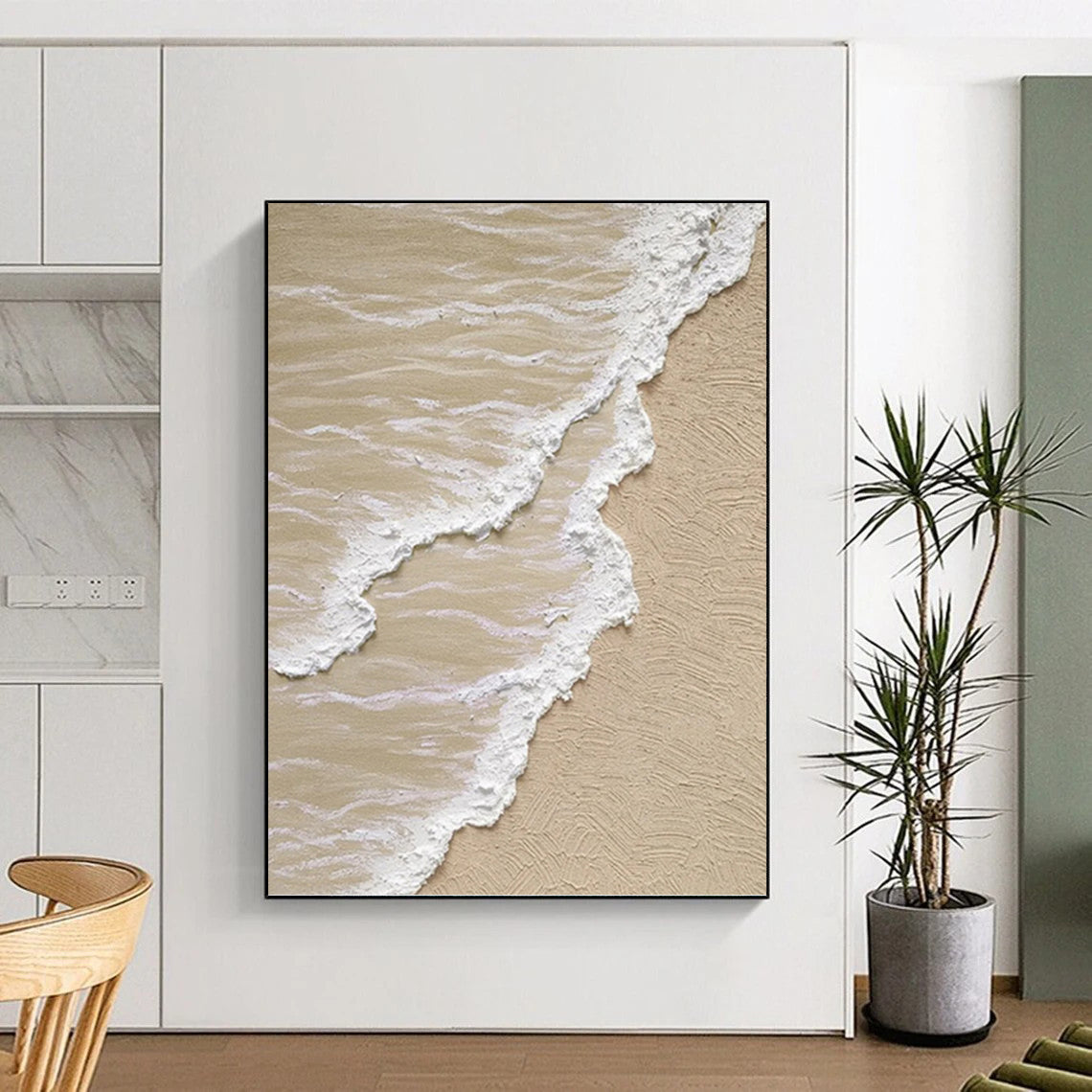 “Beige - White Textured Shoreline” - Coastal Abstract Painting On Canvas PT1143