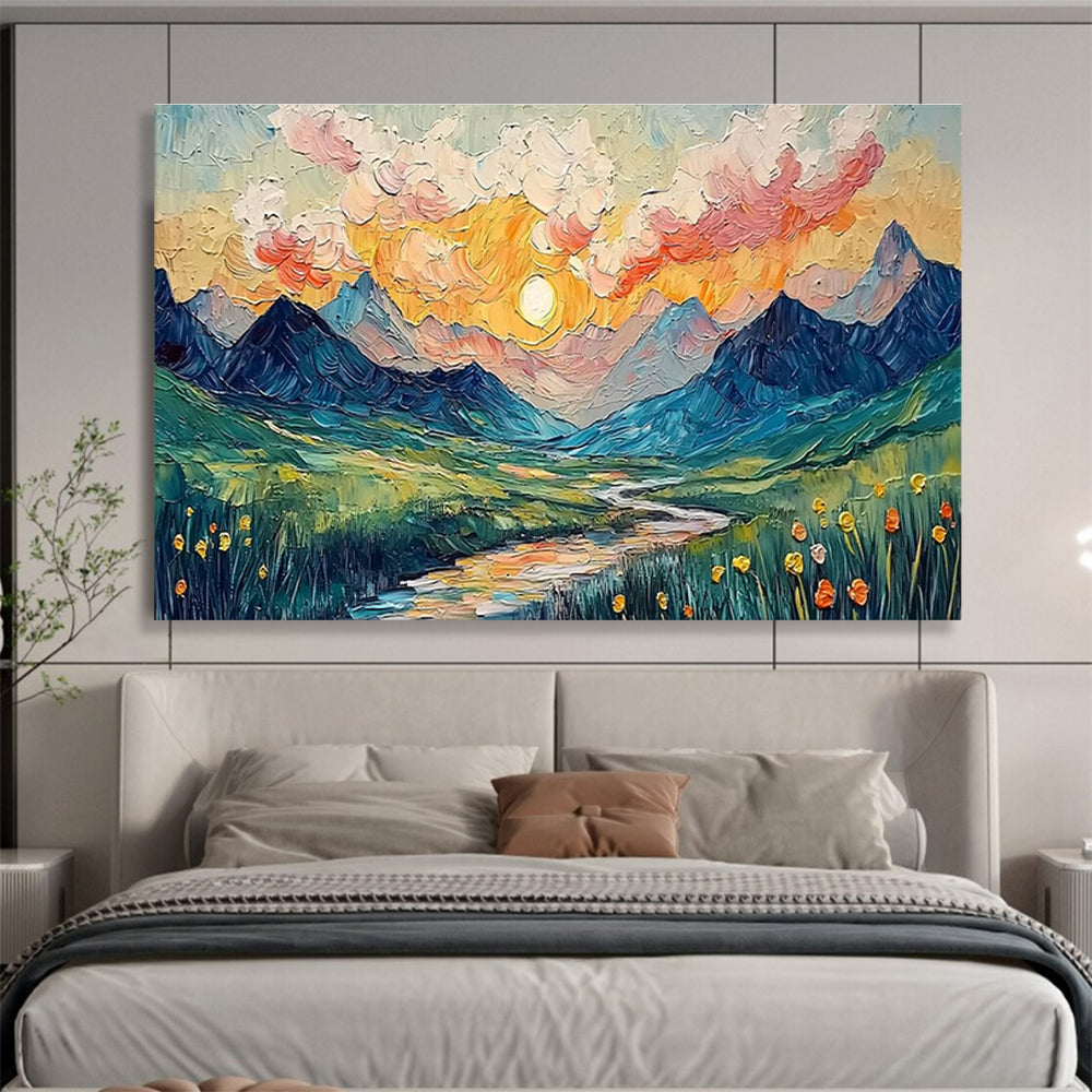 “Impasto Mountain Sunset” - Impasto Oil Painting On Canvas DKS856