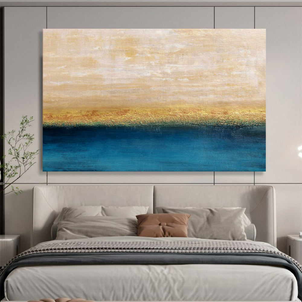 Beige, Gold & Blue Horizon Abstract Painting On Canvas DKS017
