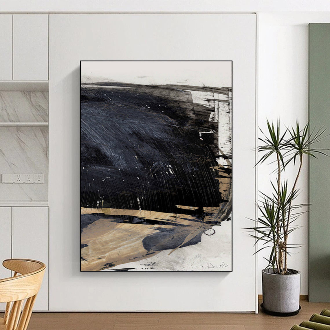 “Monochrome Depth” - Dark Gray & Light Beige Contrast Painting On Canvas DS202