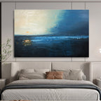 Midnight Blue Sea: Dark Blue, Gray & Orange Abstract Landscape Painting for Nautical Bedroom & Poetry Corner DKS647
