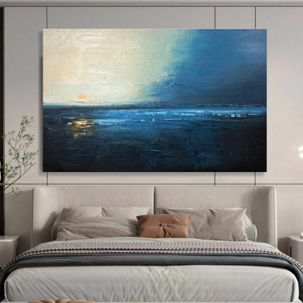 Midnight Blue Sea: Dark Blue, Gray & Orange Abstract Landscape Painting for Nautical Bedroom & Poetry Corner DKS647