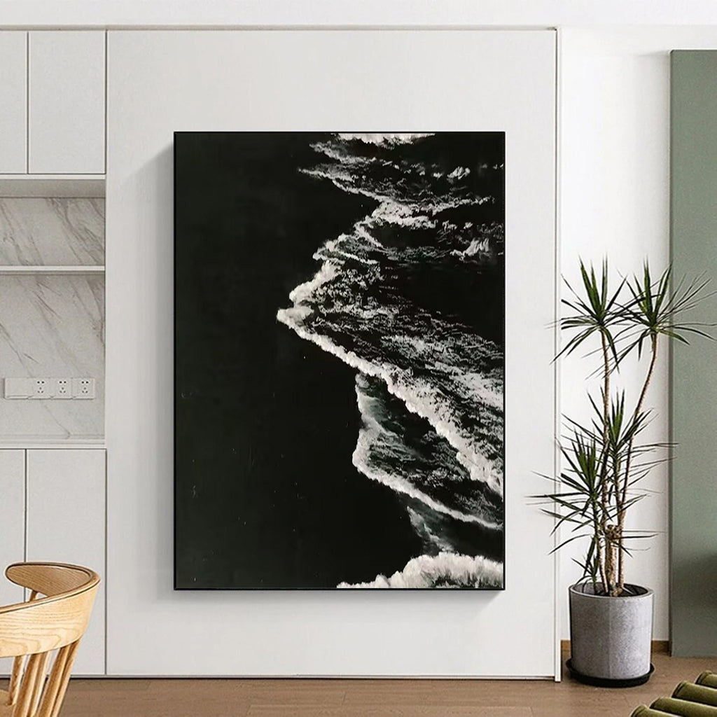 “Black and White Textured Wave Abstraction” - Minimalist Ocean Painting On Canvas DS349