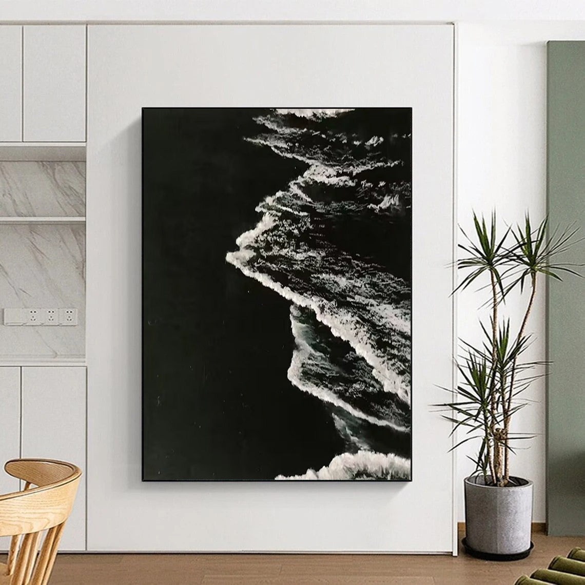 “Black and White Textured Wave Abstraction” - Minimalist Ocean Painting On Canvas DS349