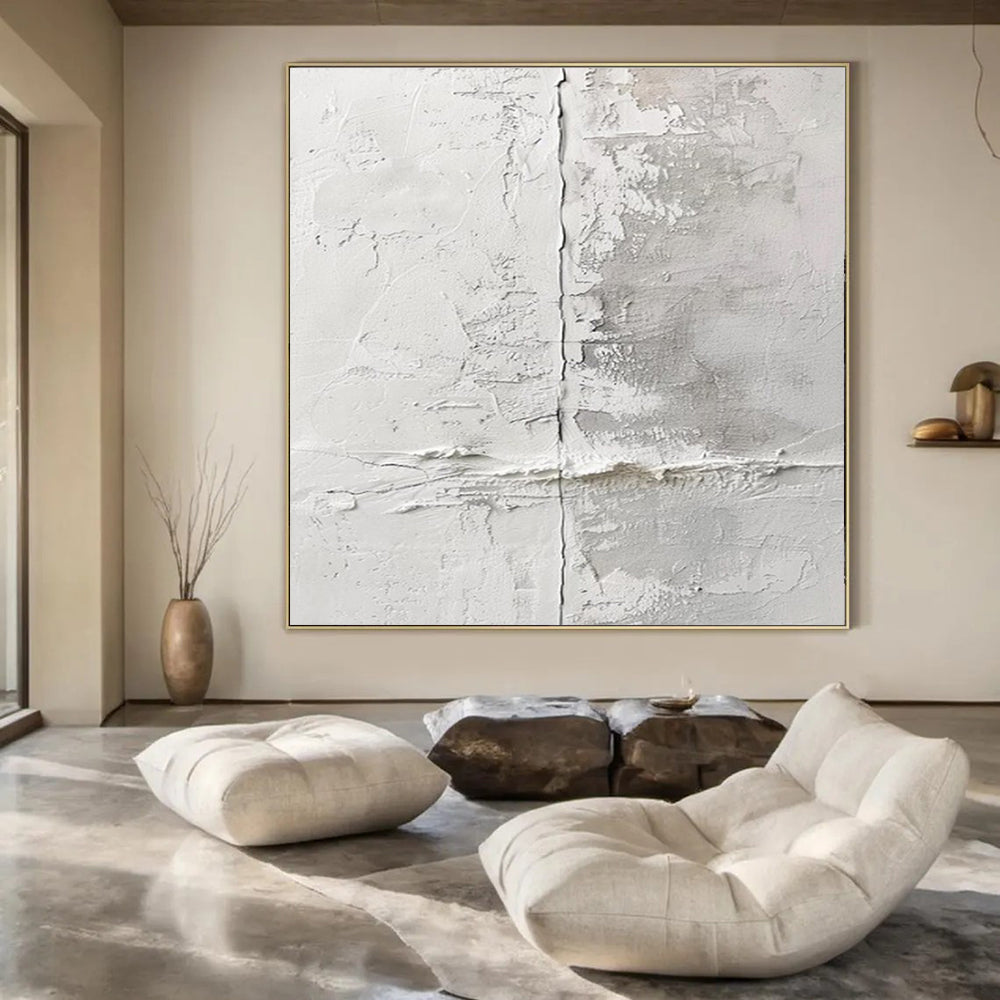 White and Gray Textured, "Cracked Serenity" – Textured Abstract Painting On Canvas PS1016