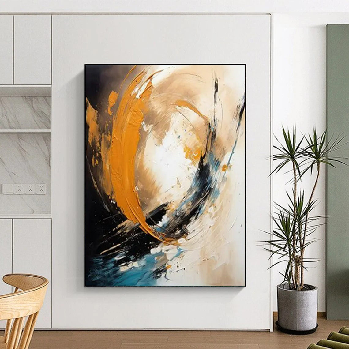 Orange, Blue, Black & Beige Abstract Swirl Painting On Canvas PS0829
