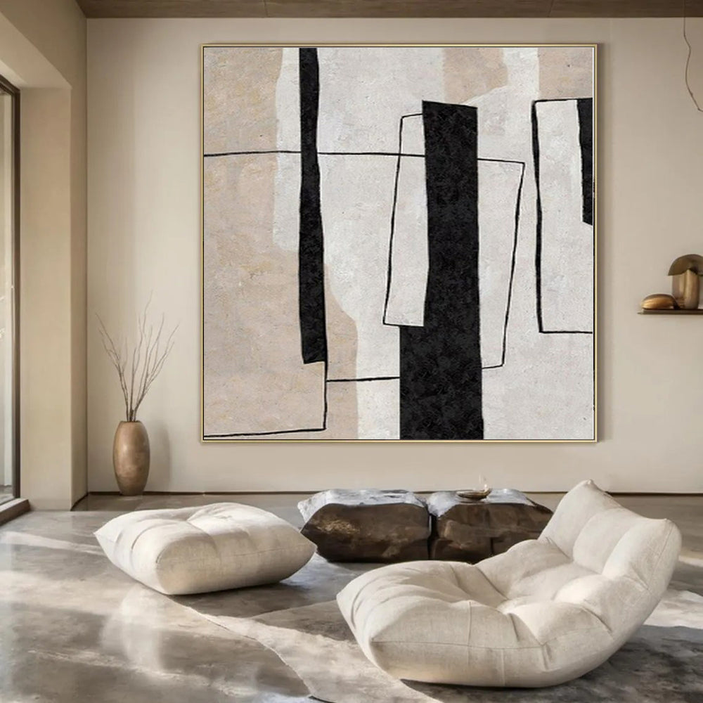 Black, White and Beige with Geometric Overlaps "Structured Serenity" Abstract Painting On Canvas PS1135