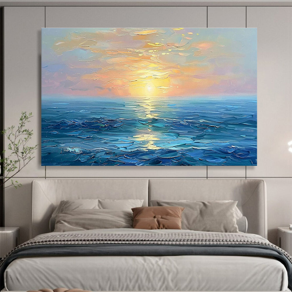 “Serene Sunset Sea” - Blue, Orange & Yellow Seascape, Expressive Oil Painting On Canvas DKS767