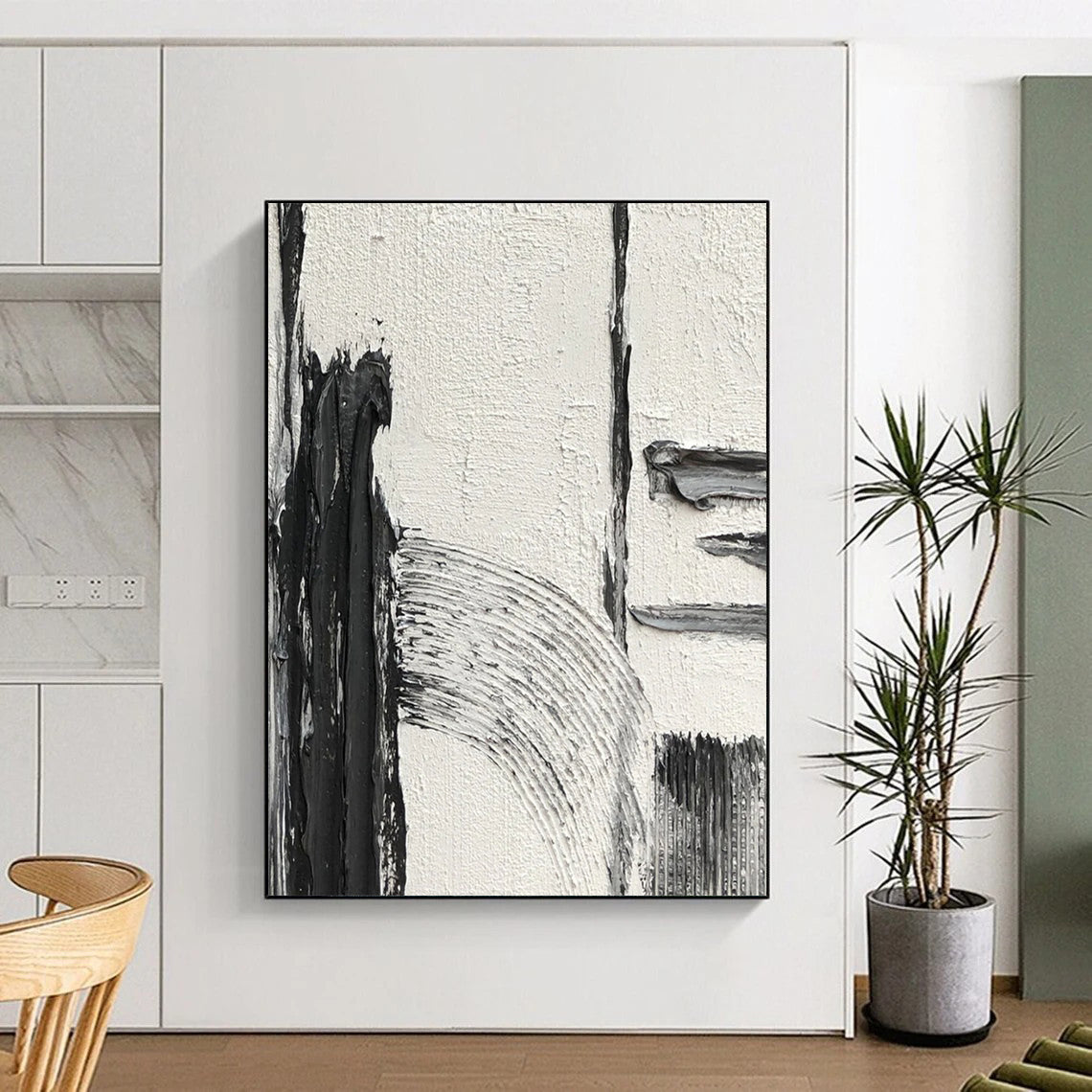 “Textured Black and White Abstract Forms” - Subtle Abstract Painting On Canvas DS386