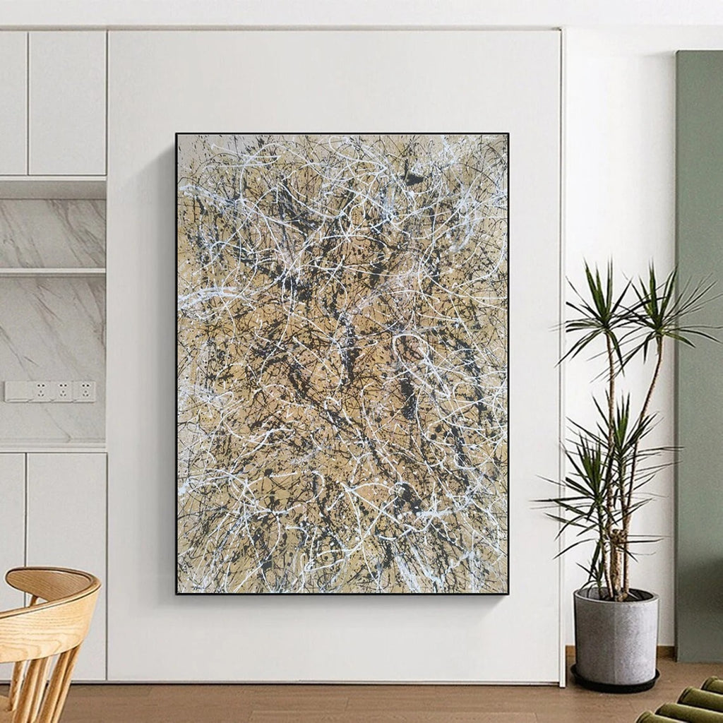 Tangled White - Black Strings, "Web of Dreams" – Drip - Painting Abstract On Canvas PS0906