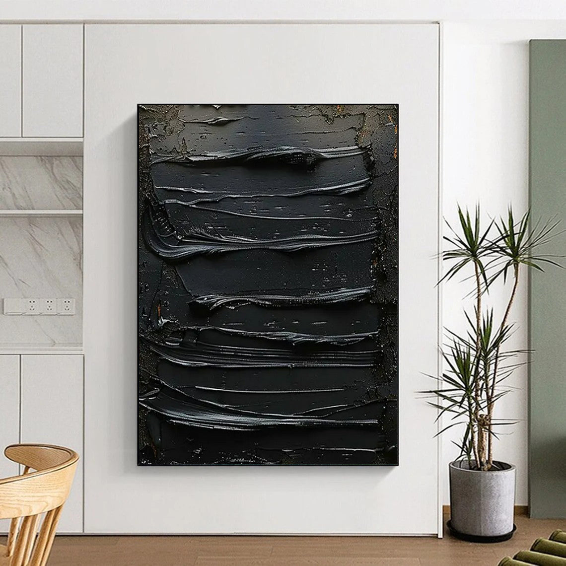 “Black Textured Mystery” - Minimalist Abstract Painting On Canvas PT2356
