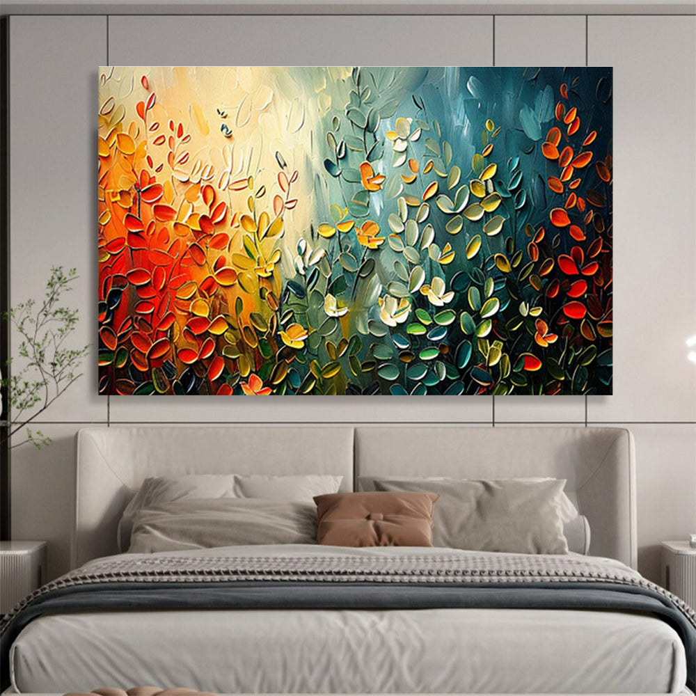 “Colorful Leaf Symphony” - Vibrant Green, Yellow & Red Textured Leaf, Impasto Nature Painting On Canvas DKS711