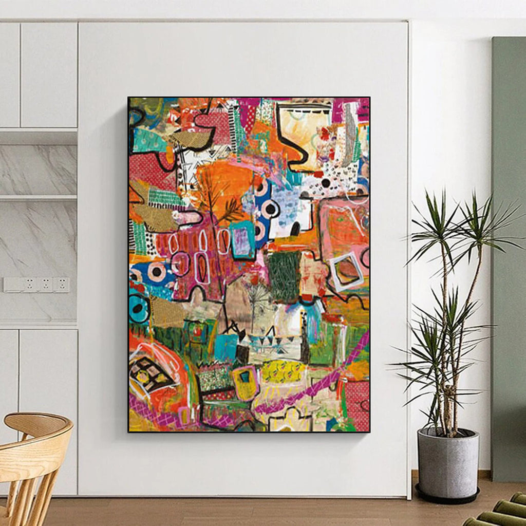 “Colorful Patchwork Abstract” - Quirky Abstract Painting On Canvas DS293