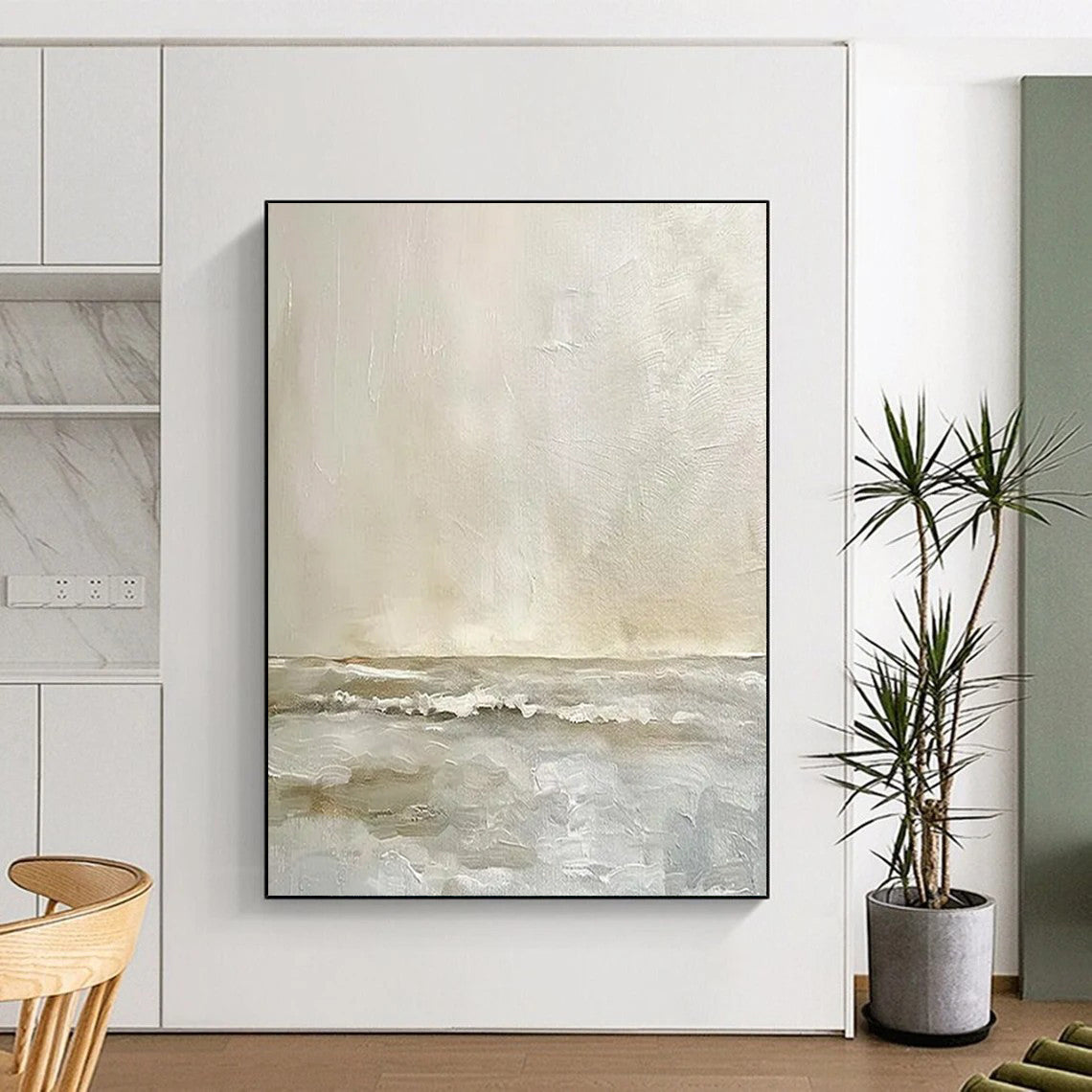 “Beige and Gray Coastal Calm” - Abstract Landscape Painting On Canvas PT2360