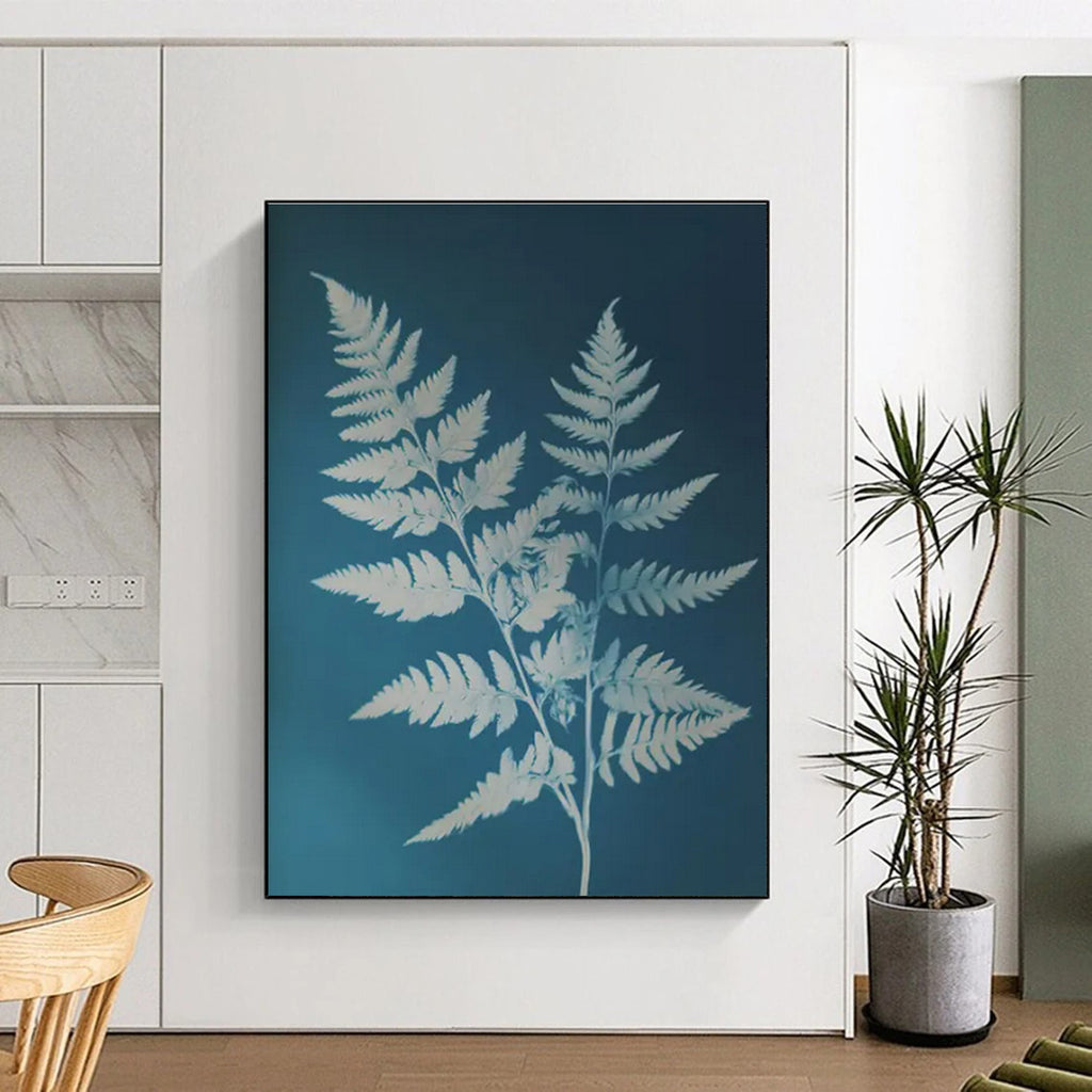 White Ferns on Blue, "Fern Fantasy" – Botanical Silhouette Painting On Canvas PS0874