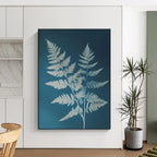 White Ferns on Blue, "Fern Fantasy" – Botanical Silhouette Painting On Canvas PS0874