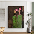 “Dark Green and Pink Abstract Figures” - Primitive Abstract Painting On Canvas PT2242