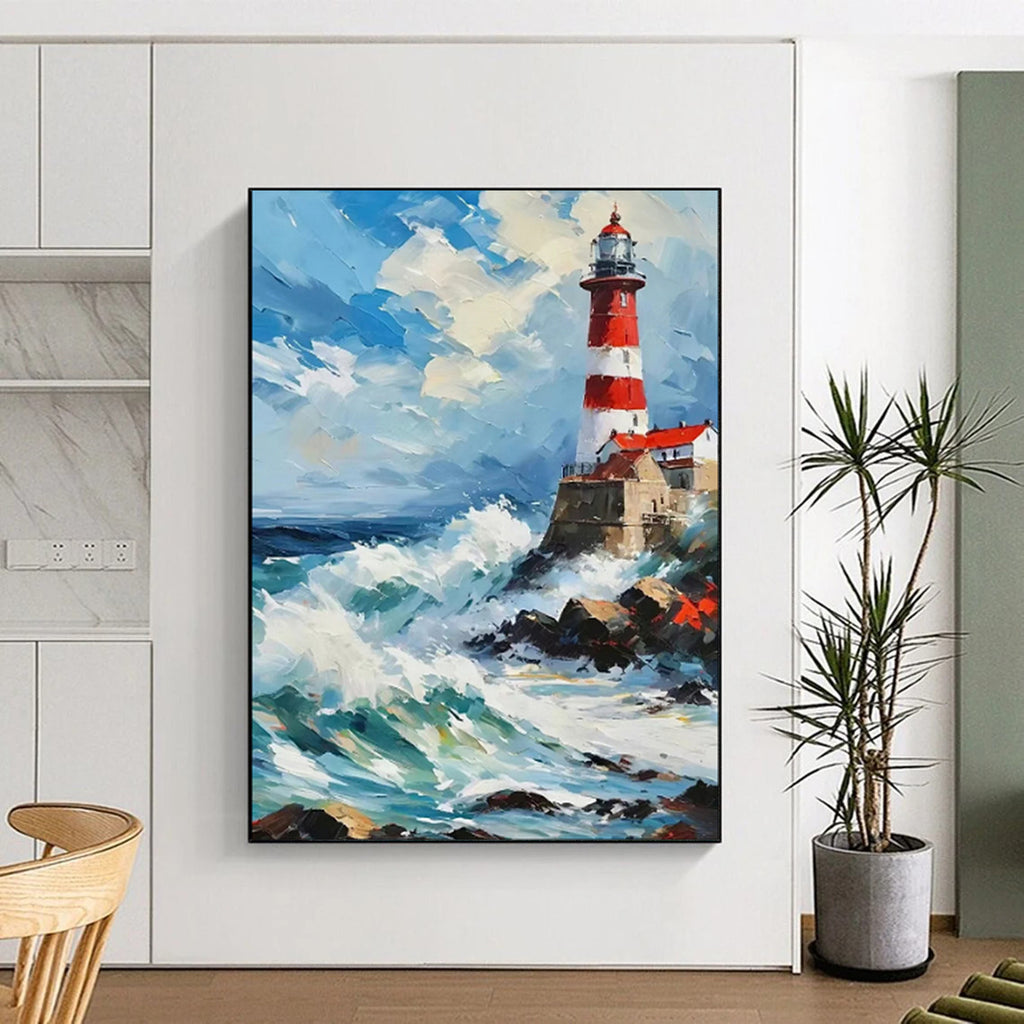 “Impasto Lighthouse in Stormy Seas” - Impasto Maritime Painting On Canvas PT1892