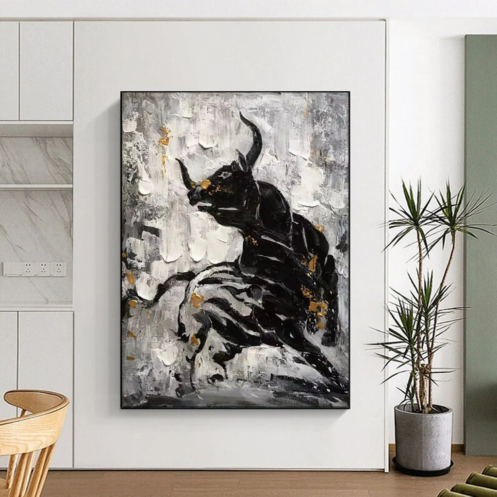 “Black - White - Gold Bull Abstract” - Expressionist Animal Painting On Canvas PT1968