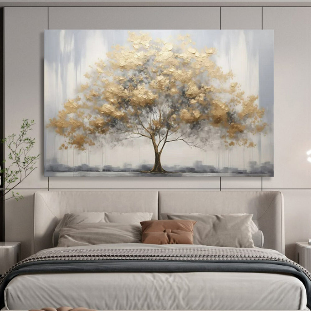 “Gold Tree on Gray” - Subtle Gold “Gilded Grove” Painting On Canvas PT1621