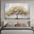 “Gold Tree on Gray” - Subtle Gold “Gilded Grove” Painting On Canvas PT1621