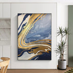 “Blue - Gold Marble Flow” - Blue, Gold, White Abstract Painting On Canvas PS0564