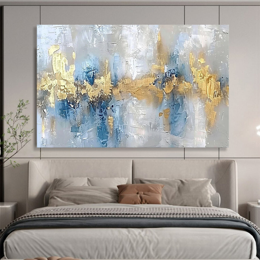 “Cool Blue & Gold Fusion” - Abstract Metallic Painting On Canvas PT046