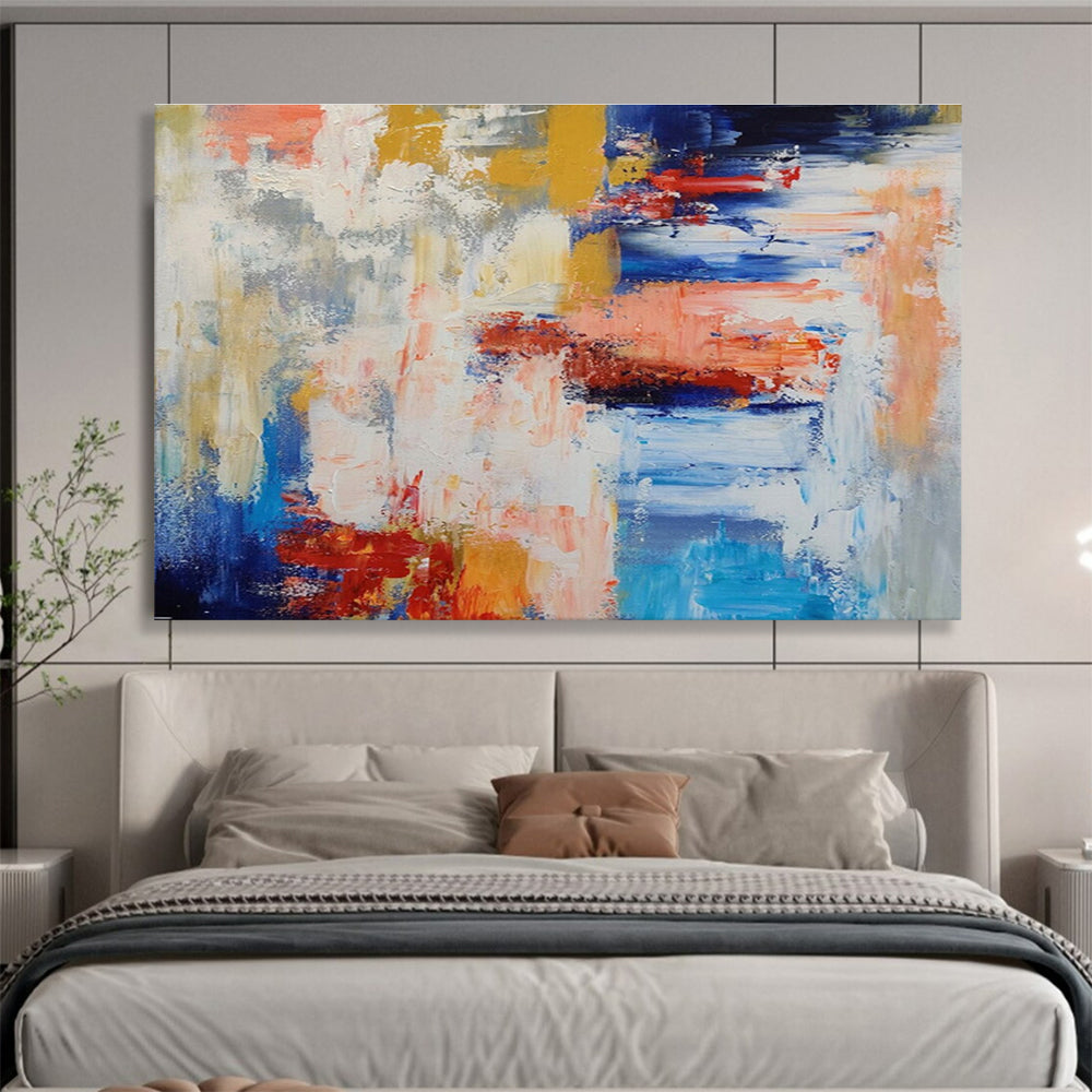 Color Clash: Blue, Yellow, Red & Gray Abstract Expressionist Painting for Art Gallery & Creative Hub DKS646